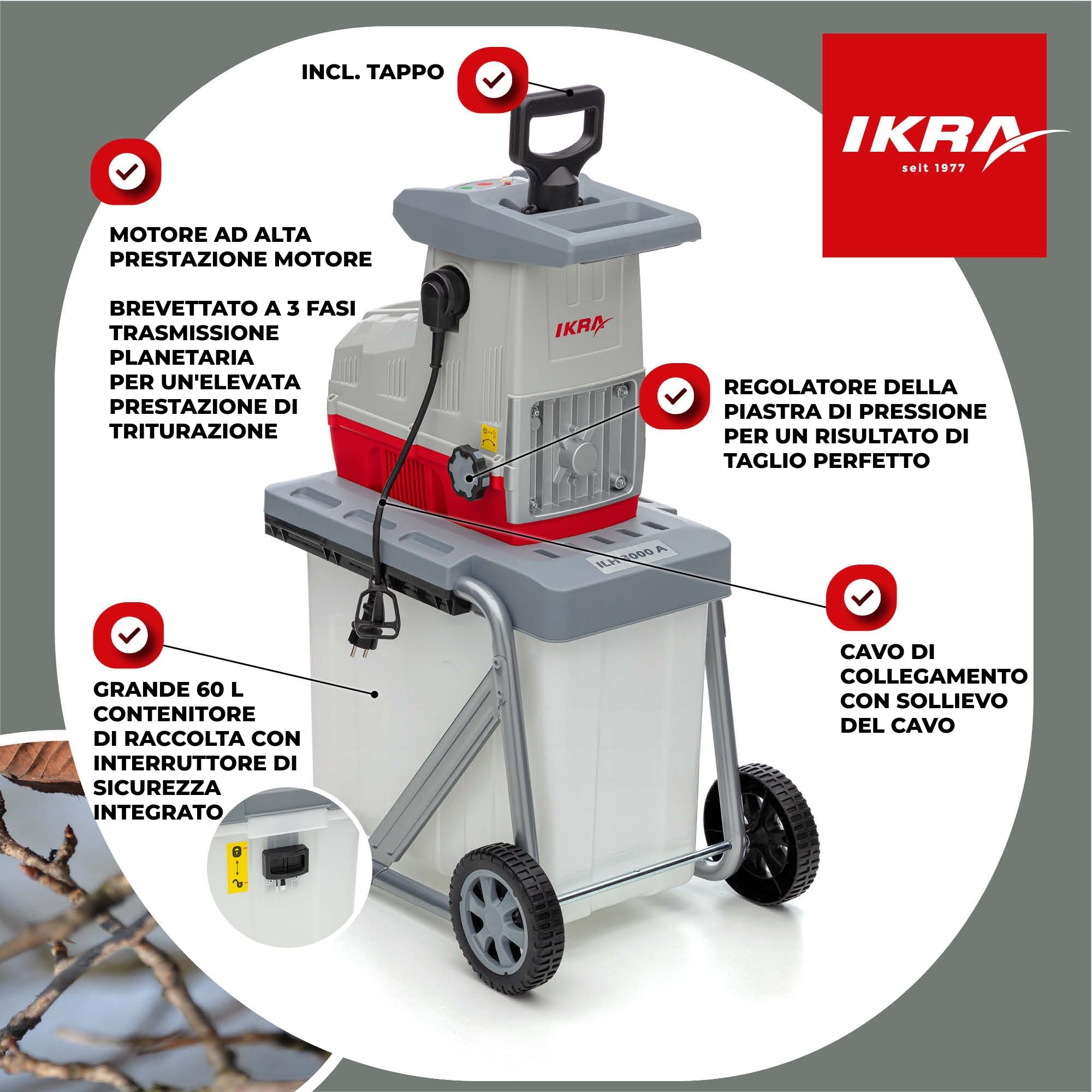 IKRA trituratore elettrico ILH 3000A, con occhiali protettivi inclusi | Motore ad alte prestazioni, silenzioso e robusto, 3000W, alimentazione automatica dei rami Ø 44 mm, retromarcia