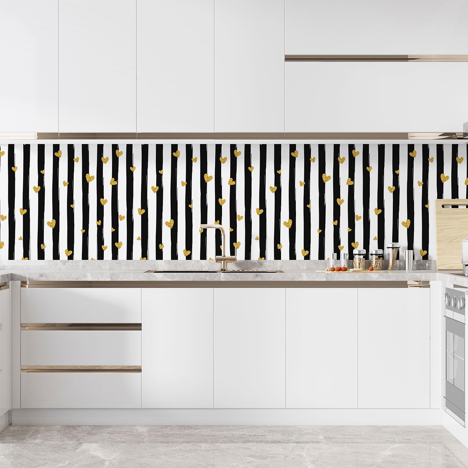 Lumalea Adesivo adesivo per cucina, motivo: cuori a righe 3617681400899, 90 x 90 cm, adesivo + protezione lucida