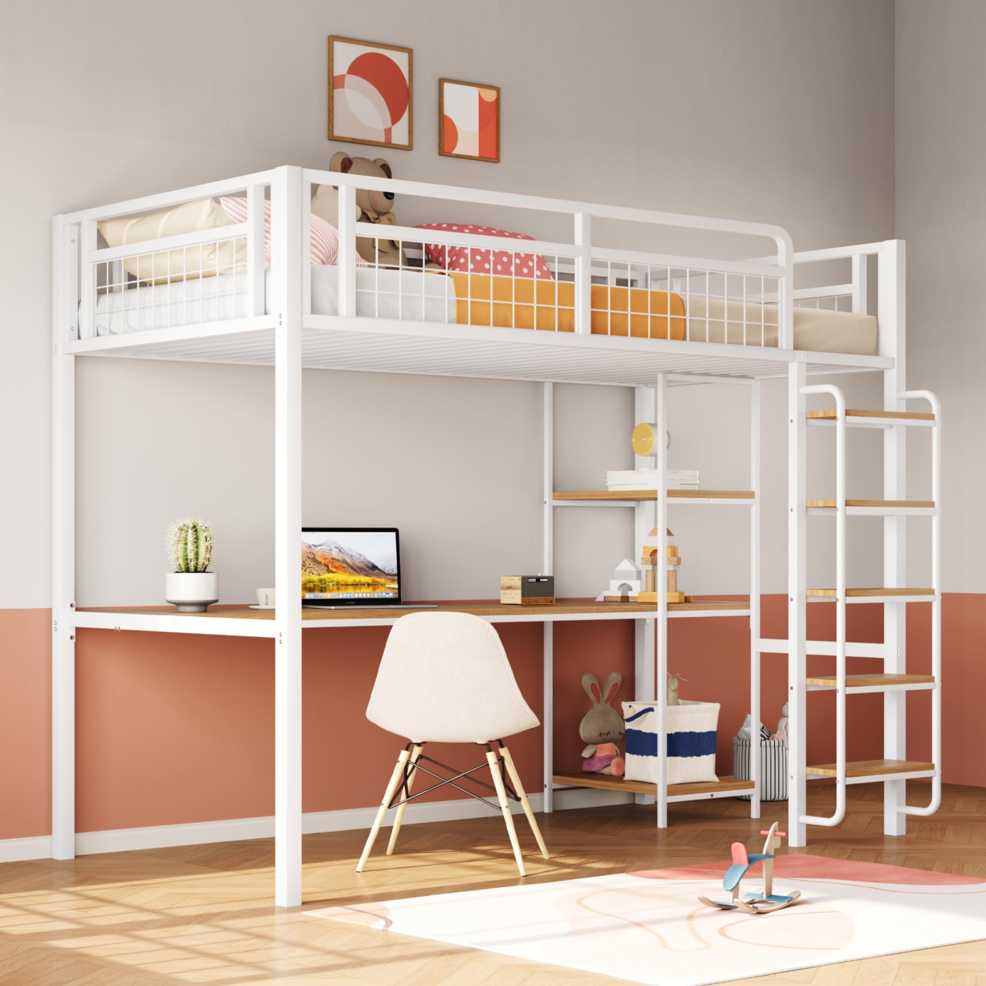 Cama alta de metal 90x200 cm con escalera y valla de seguridad blanca
