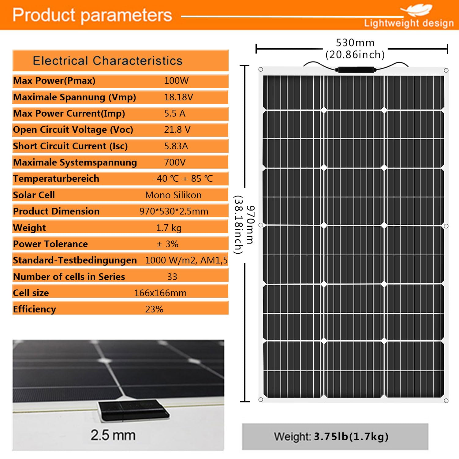 100W 18V Panneau Solaire Souple Monocristallin Panneaux Solaires pour Batterie 12V, Camping-Car, Camper, Van, Bateaux, Caravane
