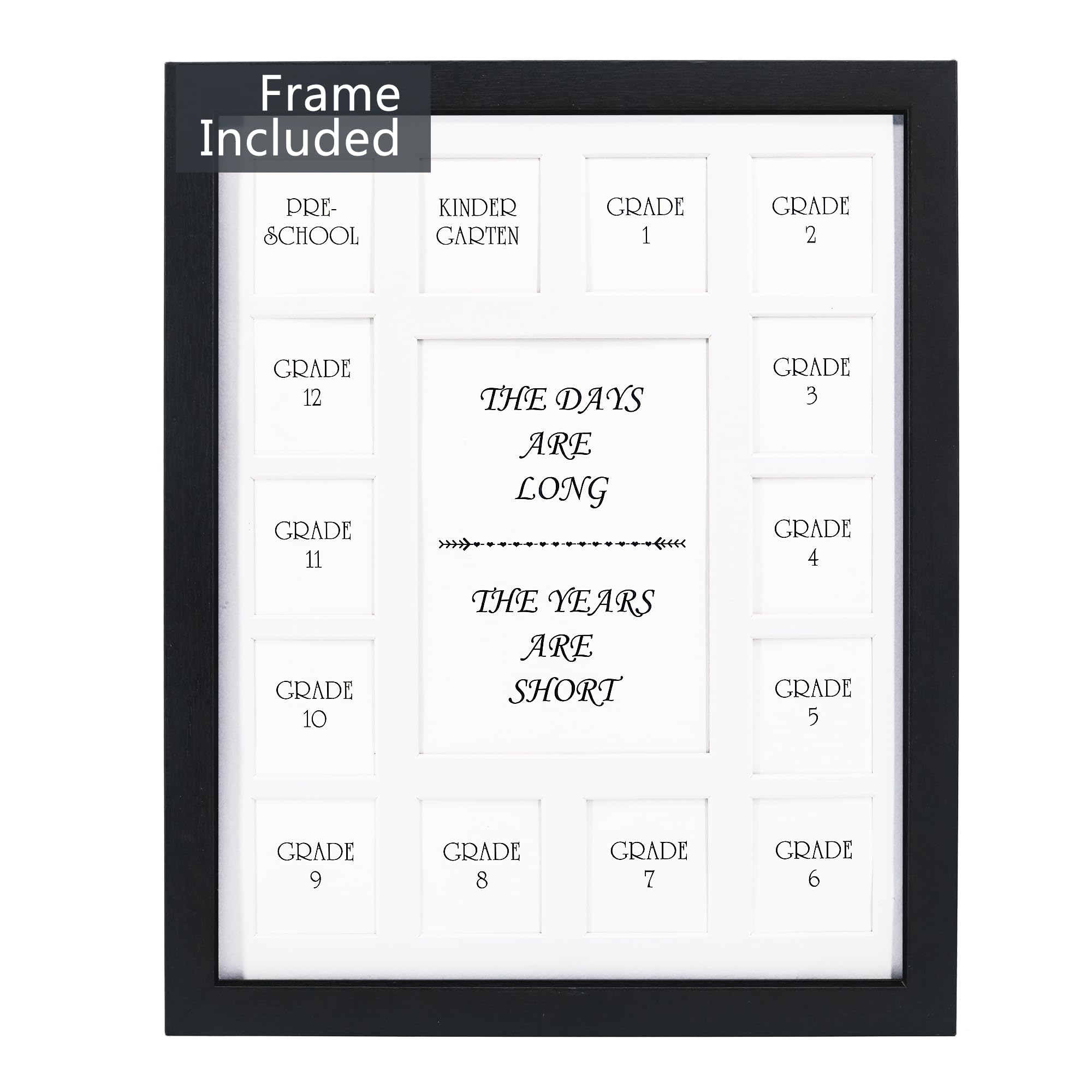 GMFrames School Years Picture Frame Prek-12 Graduation Photo Collage Frame with Mat, Displays (1) 5x7 Photo and (14) 2x2 Pictures Black