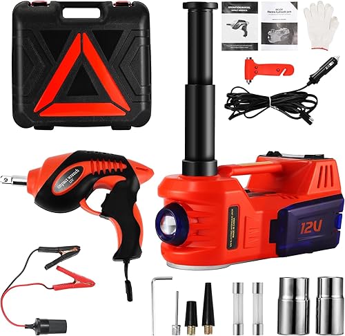 Electric Jack BENYAN - Kit de gato de automóvil de 5 toneladas con llave de impacto eléctrica y bomba de inflado, gato portátil de 12 V con luz LED