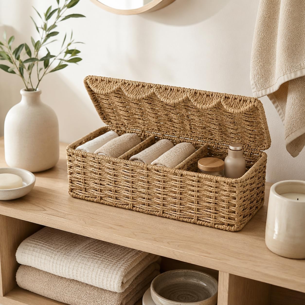 Paper Rope Toilet Paper Basket with Lid, Divided 3-Section
