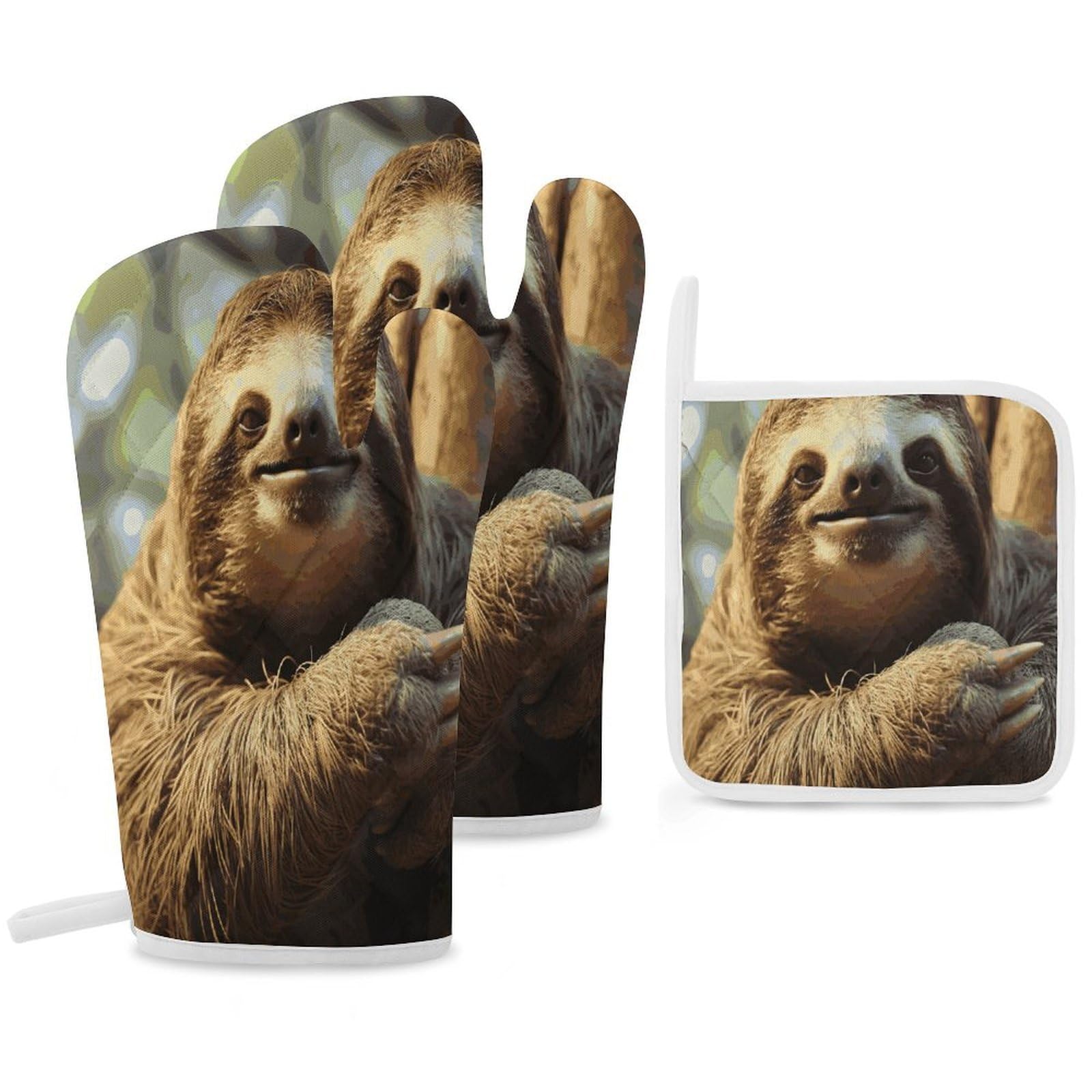 Fekiloot Style Funny Sloth Oven Mitts Funny Heat Resistant,Oven Glove With Hanging Loop,Resistant Hot Pads For Kitchen Baking Grilling Cooking