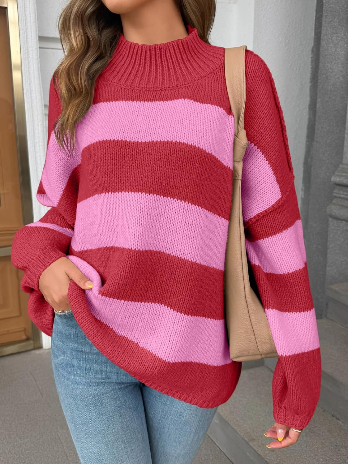 Saodimallsu Womens Oversized Striped Sweater Mock Neck Chunky Knit Lantern Long Sleeve Fall Trendy Tunic Sweaters Top - Image 2
