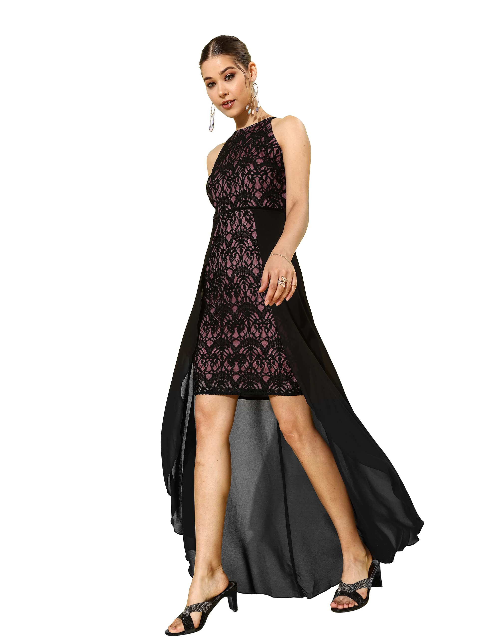 Miss Chase Women's Black & Dusty Lavender Round Neck Sleeveless Lace-Overlaid Knee-Long Dress(Mcss22D13-66-262-03, Black & Dusty Lavender, S)