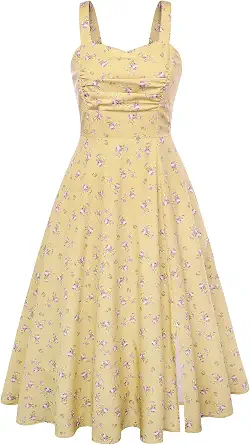 Belle Poque Women's Vintage 1950s Dress Summer Sleeveless Flowy Ruched Midi Tea Party Wedding Guest Cocktail Dress