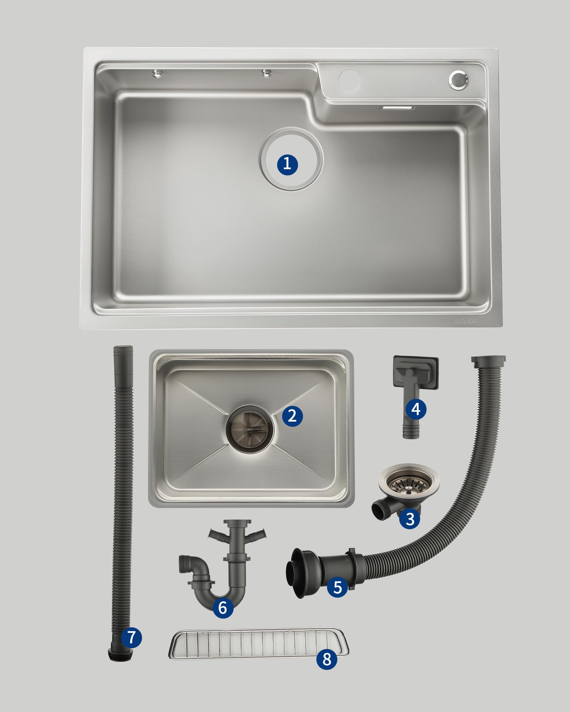 Fregadero de Cocina de Acero Inoxidable 68x46 cm, 1 Cubeta con Sifón, Desbordamiento y Accesorios de Vaciado, Fregadero Moderno Multifuncional para Encimeras > 80 cm (Plateado)