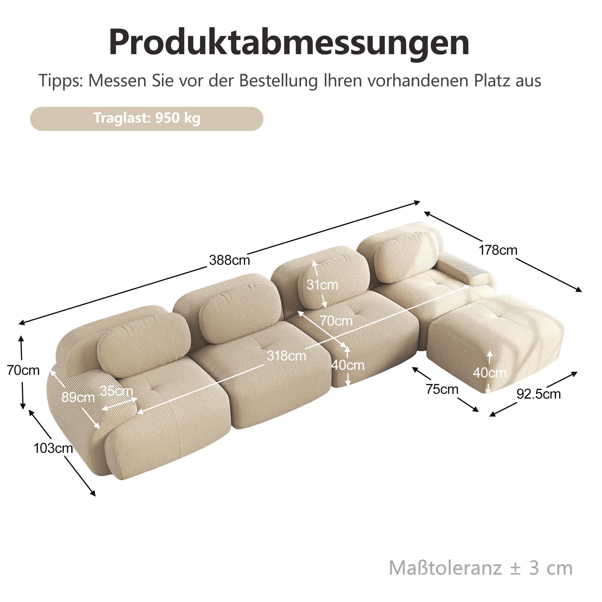 Sofá esquinero de 4 plazas con chaise longue de pana antideslizante, sin montaje, para salón u oficina, beige, 388 x 178 x 70 cm