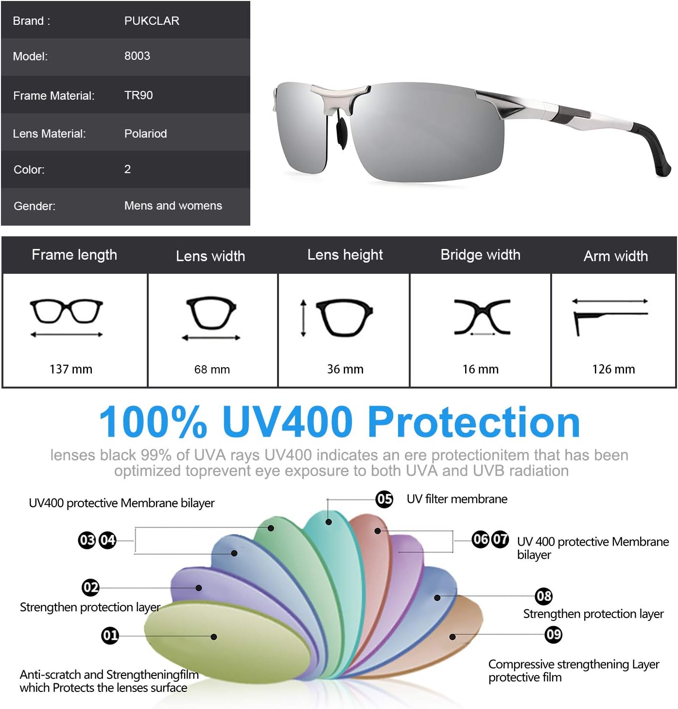 PUKCLAR Mens Driving Sunglasses Polarized Sports Sunglasses AlMg Metal