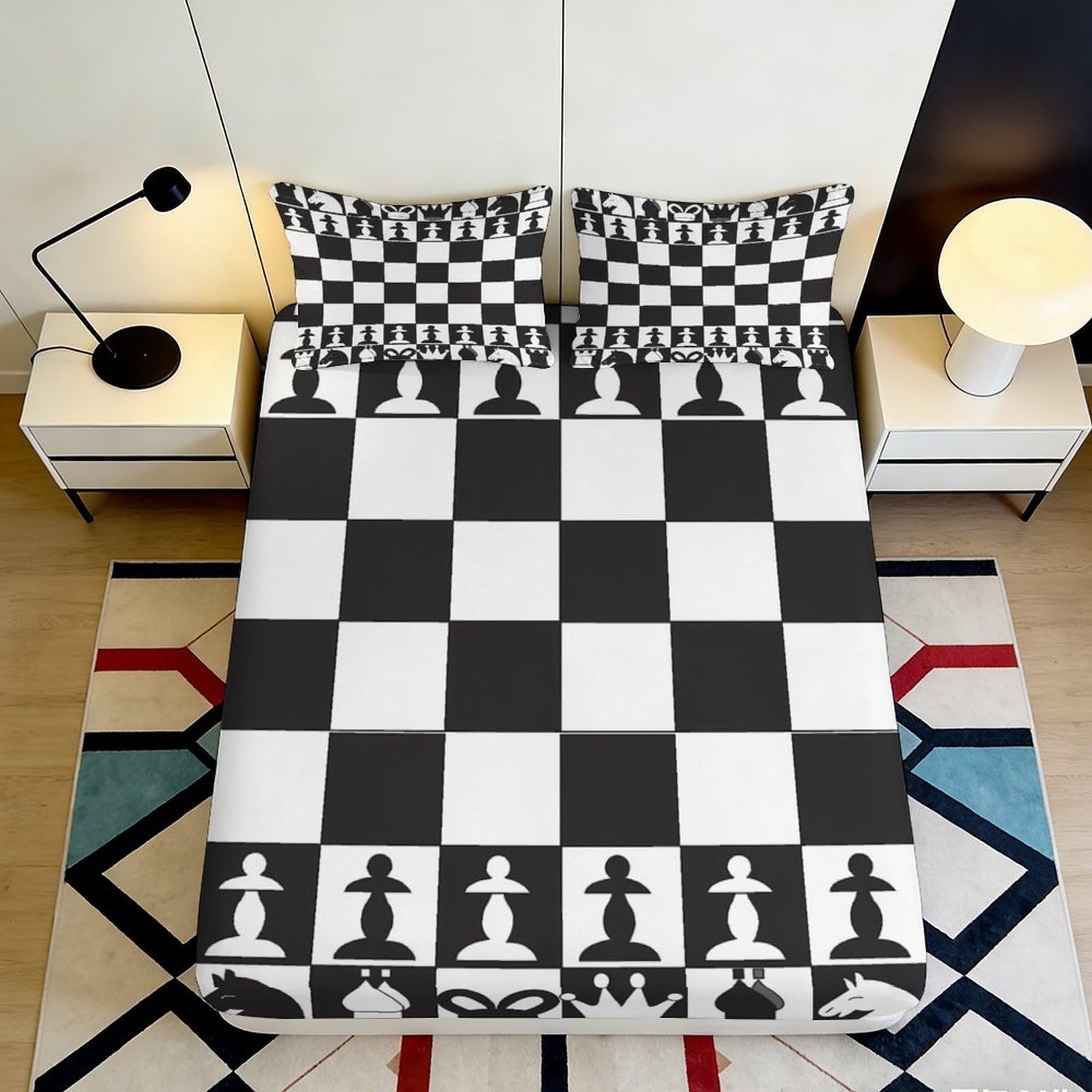 3D Printed Chess Board Fitted Sheet Microfiber Soft Black White Chess Pieces Bed Cover for Bedroom Dorm Mattress Protection 90x200x25cm