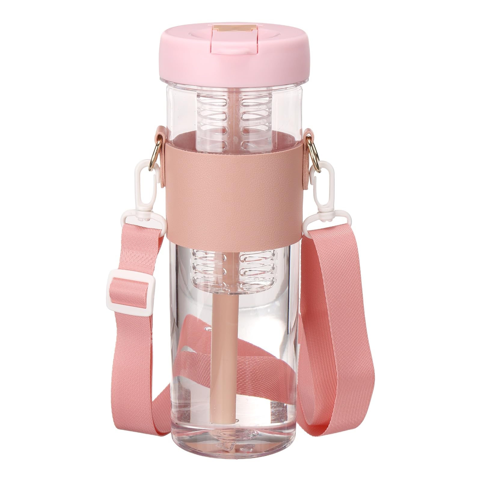 sourcing map Fruit Infuser Water Bottle 850ml / 29oz Plastic LeakProof Shatter Proof Water Bottle with Foldable Straw and Carry Handle for Gym Camping Travel Cold Drinks, Pink