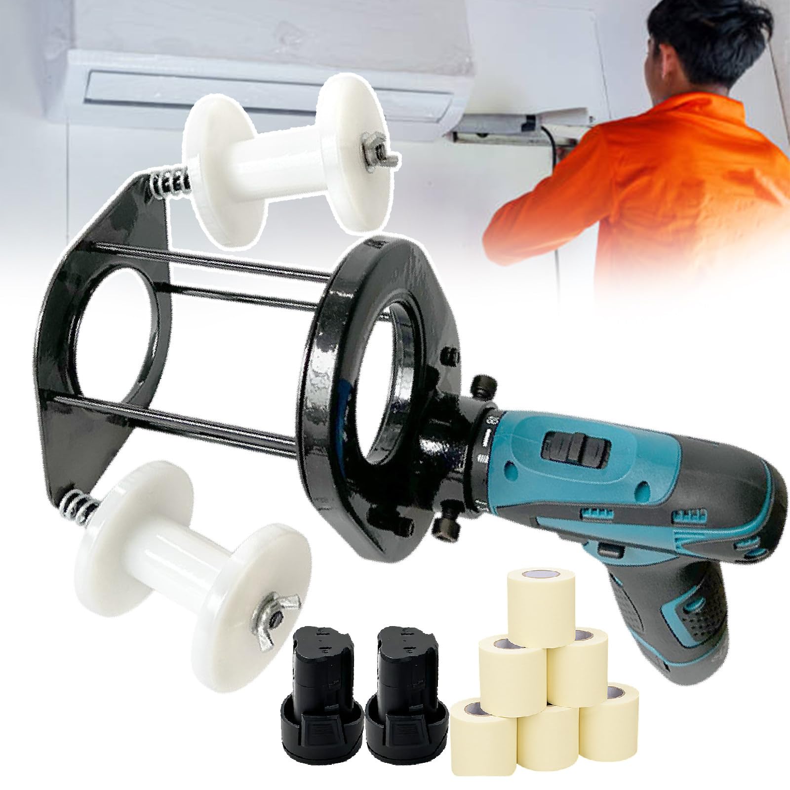 Avvolgitrice elettrica professionale da 12 V con doppia batteria, diametro massimo 70 mm, controllo continuo della velocità per tubi e tubi del condizionatore d'aria