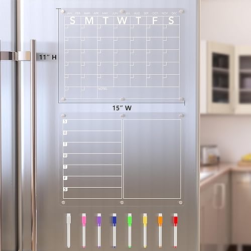 Miniatura 6 de Calendario magnético acrílico para refrigerador, paquete de 2, planificador mensual y semanal de comidas, pizarra de borrado en seco transparente