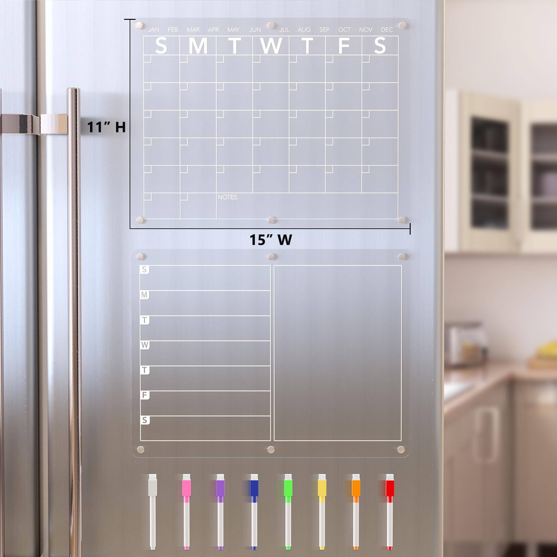 Neatsure Akrylowy magnetyczny kalendarz suchościeralny na lodówkę, przezroczysty miesięczny i tygodniowy planer posiłków, tablica tablicowa, lodówka, tablica menu do kuchni, z 8 kolorowymi markerami,