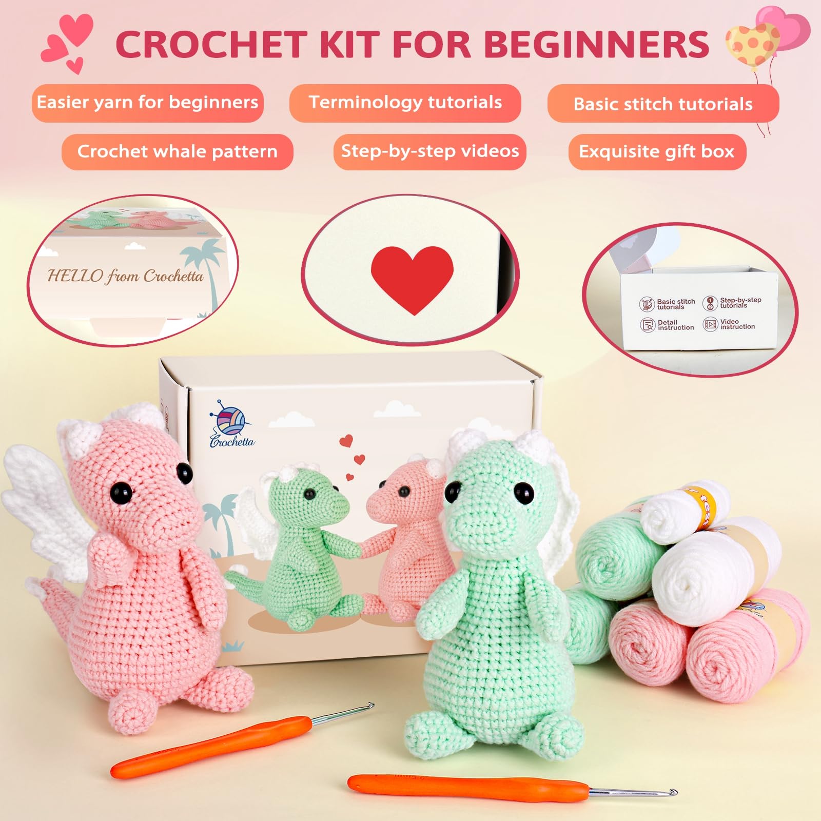 Crochetta Kit de ganchillo para principiantes, kit de inicio de ganchillo con tutoriales de video paso a paso, kit de ganchillo para principiantes, kit de ganchillo para principiantes, kit de