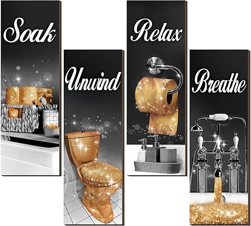 Miniatura 8 de Honoson 4 piezas de decoración de baño, arte de pared de casa de campo, baño, decoración de pared, remojar, relajarse, respirar, colgar de madera,