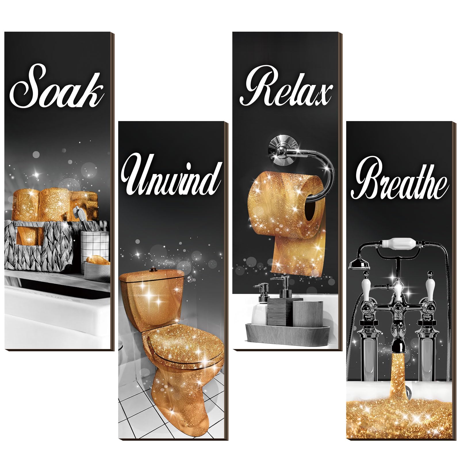 Honoson 4 Pcs Bathroom Decor Wall Art Farmhouse Bathroom Pictures Wall Decor Soak Unwind Relax Breathe Wood Hanging Sign for Home Spa Laundry(Black