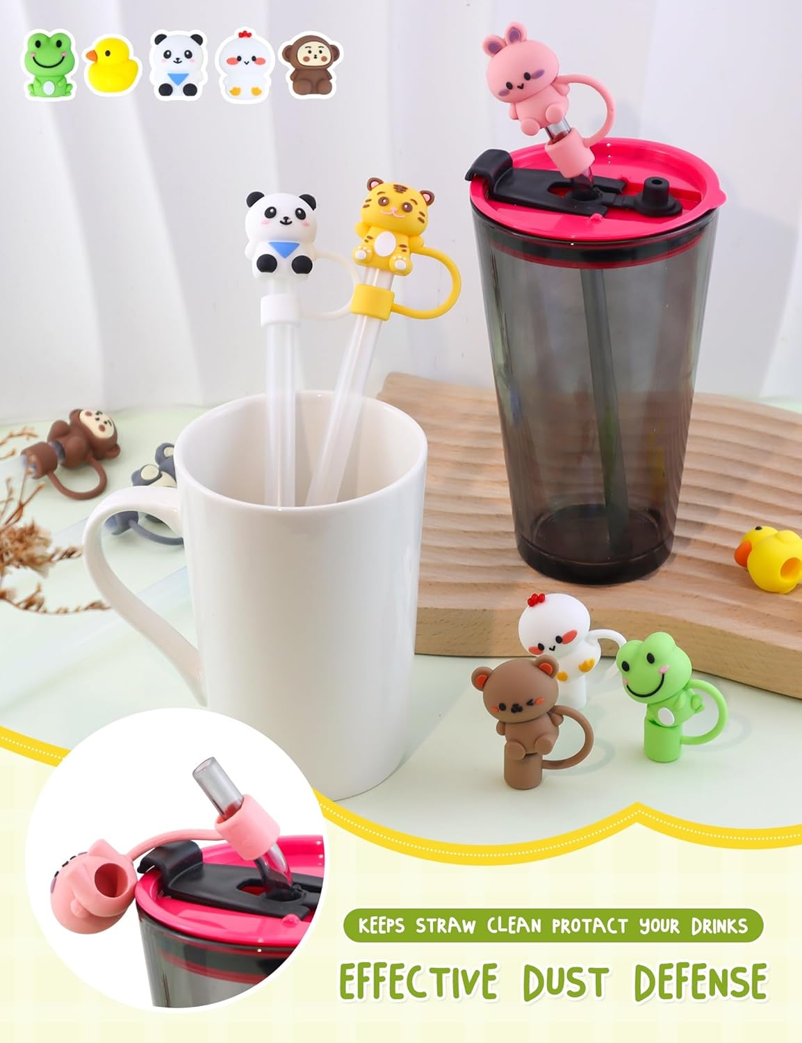 10PCS Cute Animal Straw Cover, 10mm Reusable Dustproof Drinking Straw Topper lids, 0.4 inches Silicone Covers Cap Compatible with Stanley 30&40 Oz Cup - Image 5