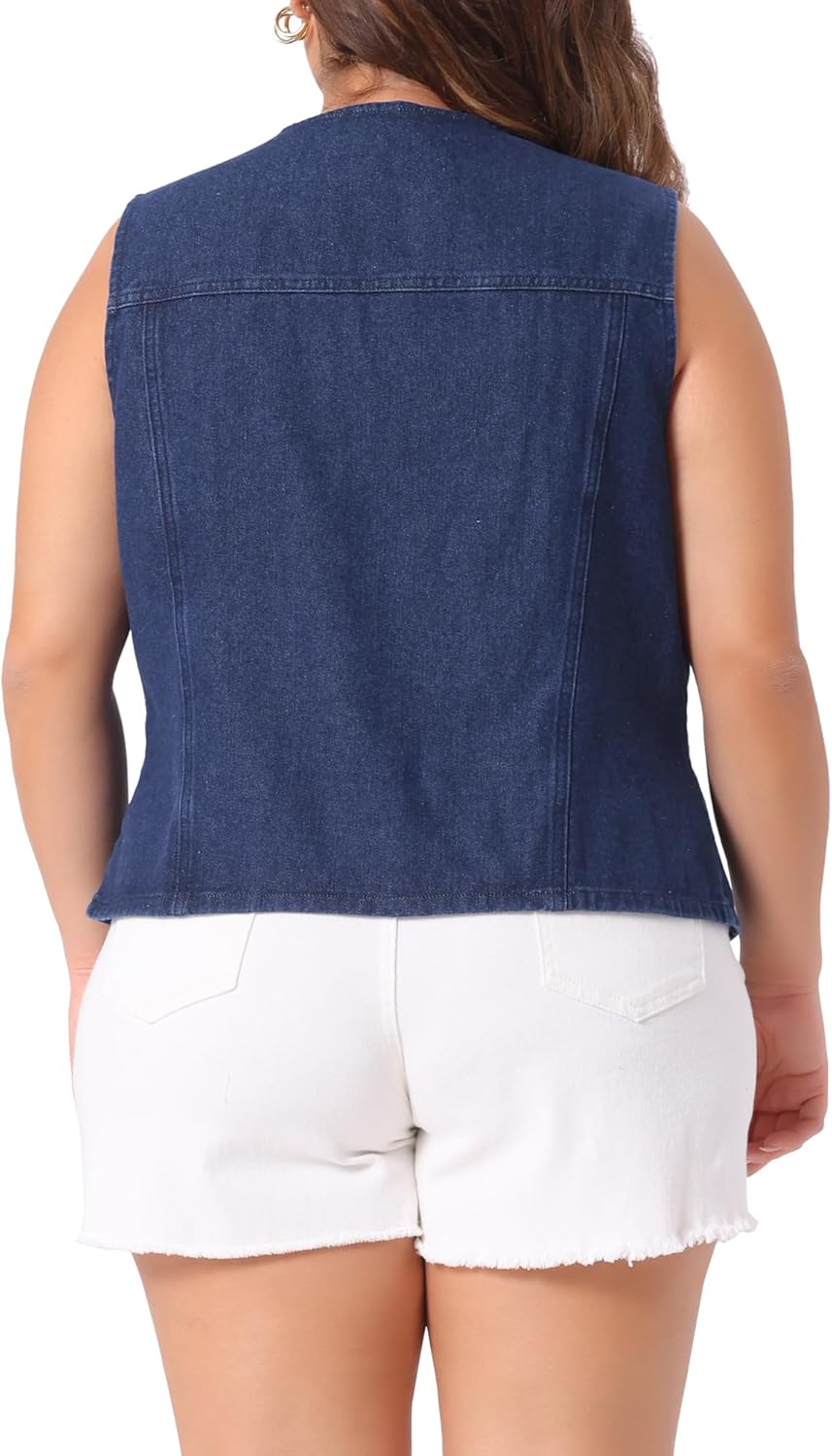 Agnes Orinda Plus Size Denim Vests for Women V Neck Sleeveless Utility Jean Jacket Vests - Image 4