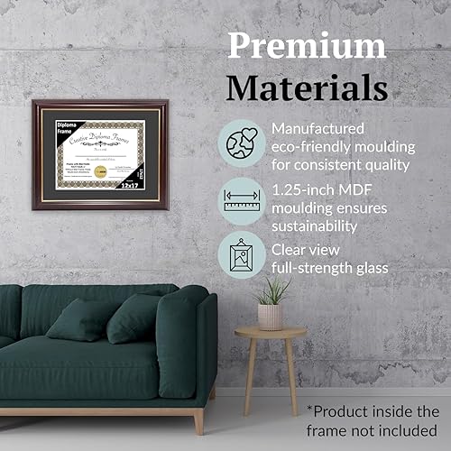 Vista 180 de Creative Picture Frames Marco de diploma de borde dorado caoba de 12 x 16 pulgadas con vidrio negro y colgadores de pared instalados, marco