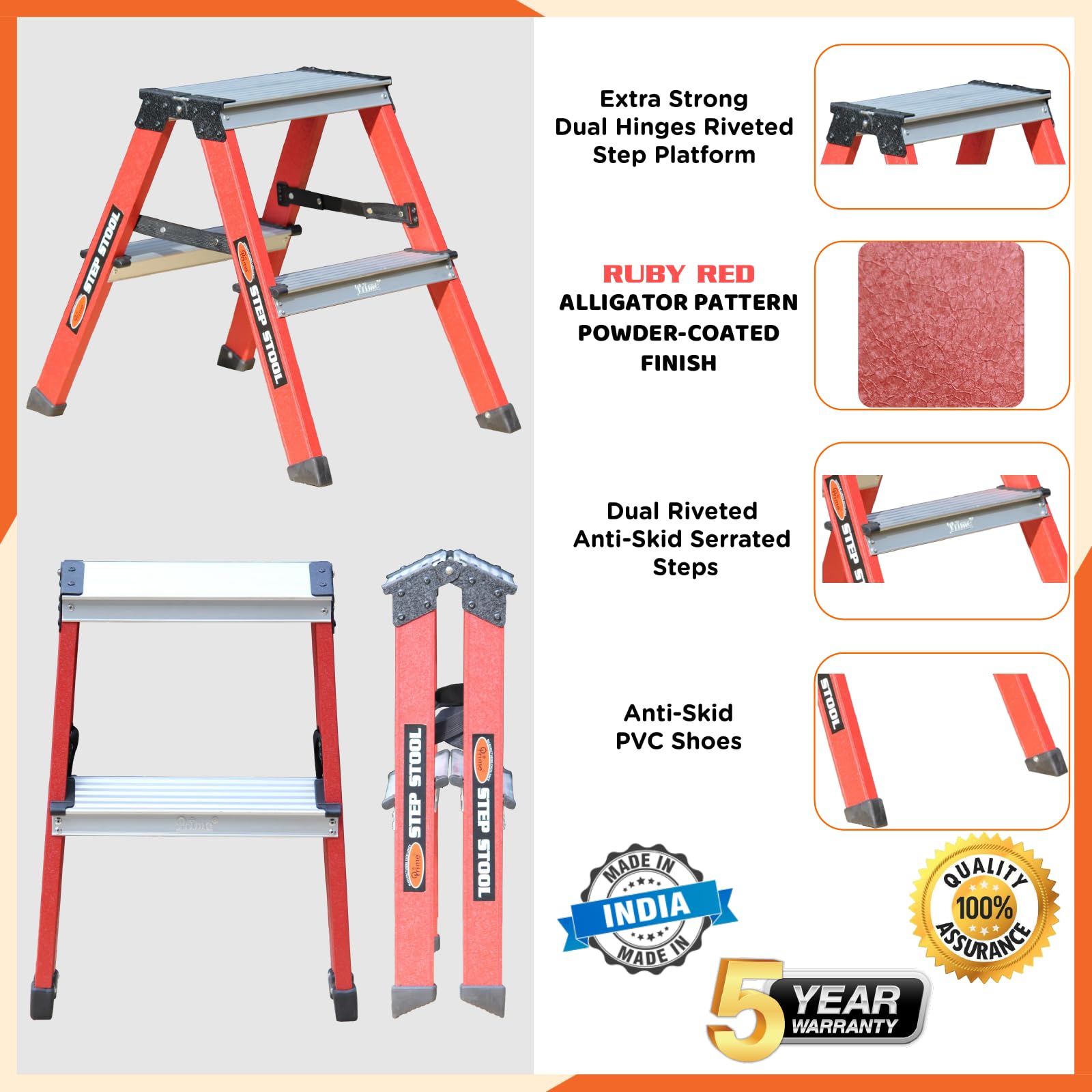 Prime 2steps Alligator Pattern Powder-Coated Finish Foldable Aluminium Twin Step Stool Ladder for Home & Office Use | Made in India | 5 Years Warranty | Anti-Skid Serrated Steps (Ruby Red) 3