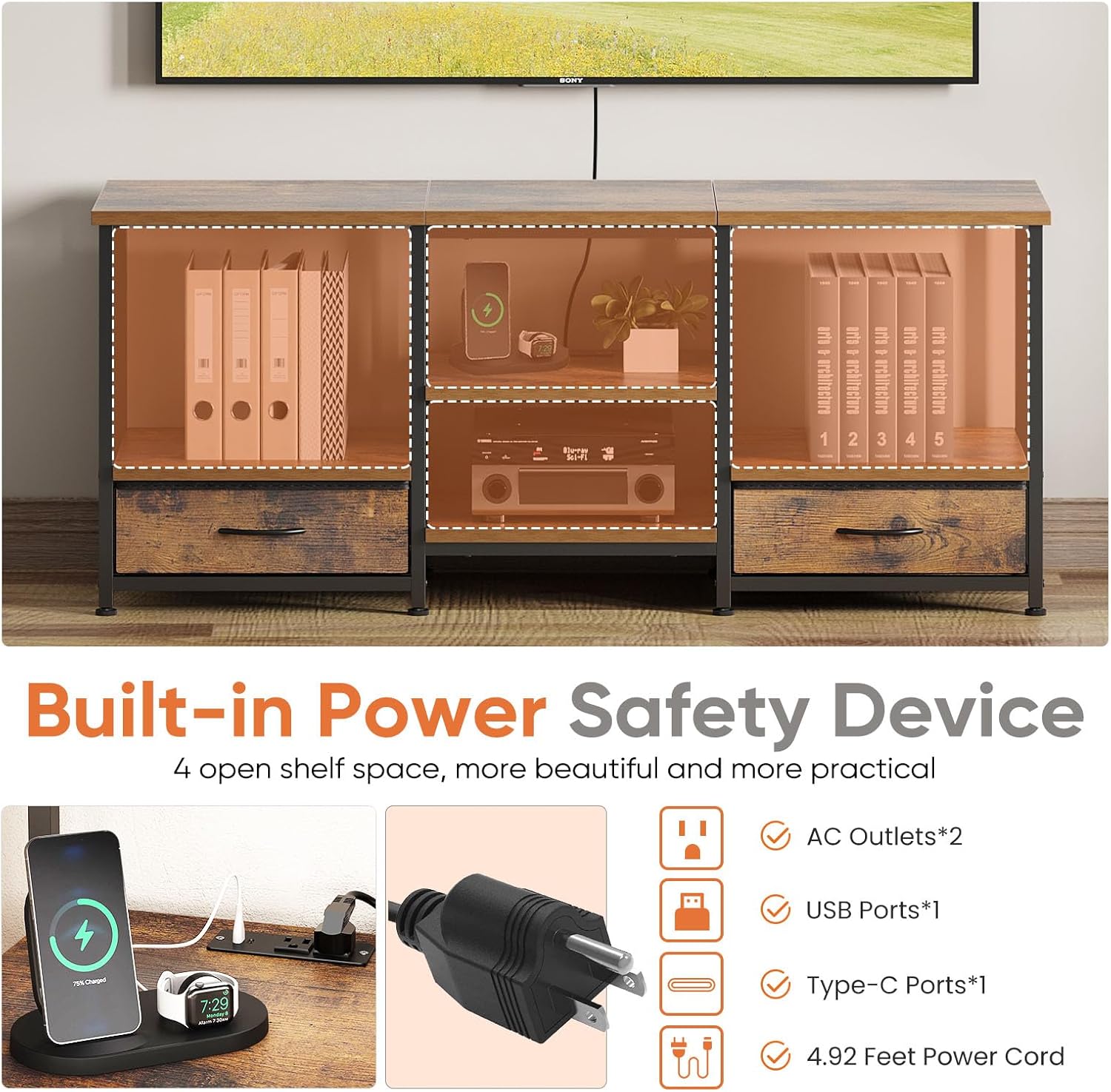 Sweetcrispy Entertainment Center with Stoage Wood TV Stand with Drawers for 65 Inch+ TVS, Television Stands for Living Room Media Console with Charging Station Drawers Shelf Sturdy Frame, 47'' Rustic