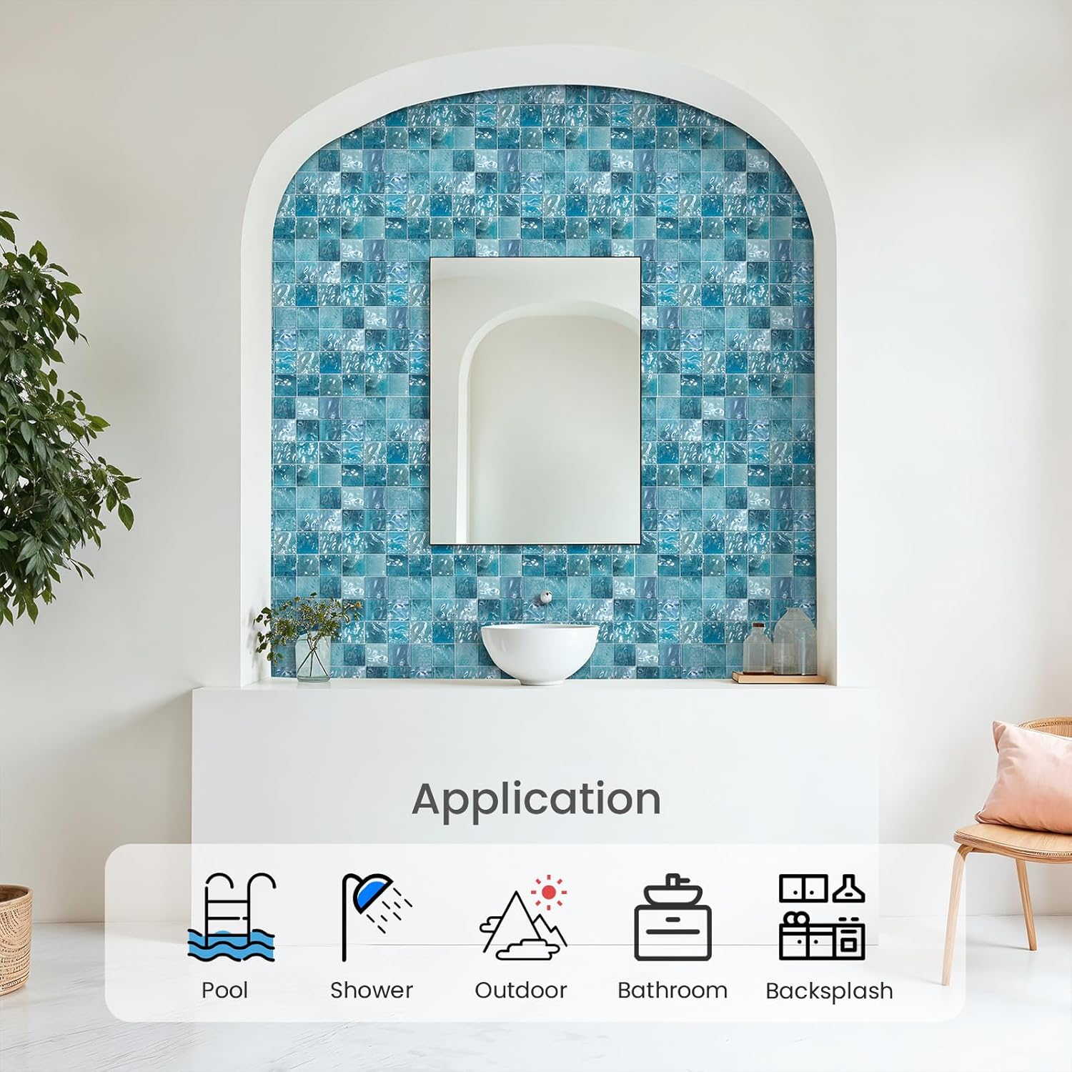 Glass Mosaic Pool Tiles Backsplash, 12" x 12" Aqua Blue 3D Wave Texture Square Tiles for Swimming Pool Accent Wall Bathroom Shower Wall (5 Sheets, 4.84 sq.ft.)
