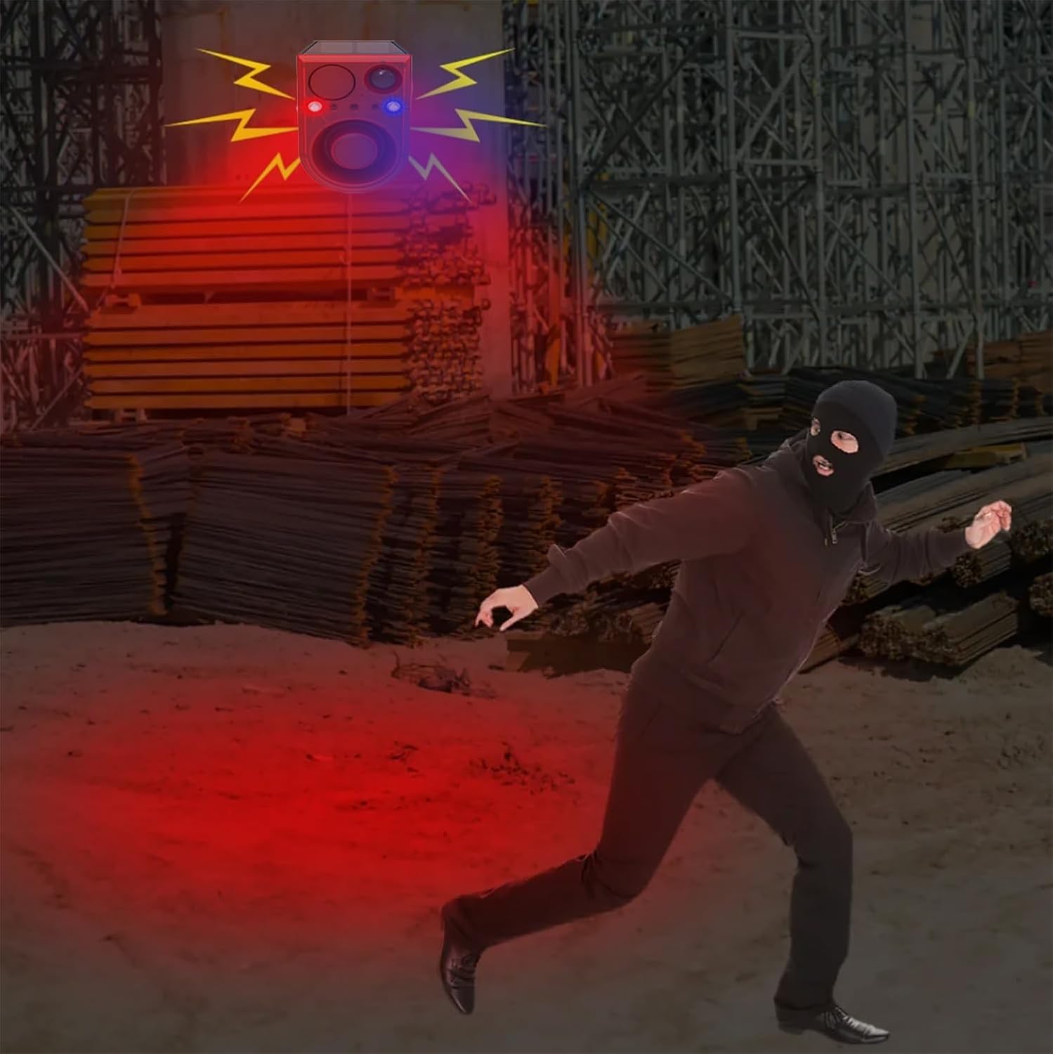 Solar Strobe Light Motion Detector Alarm: Dog Barking and Gunshot Sound, 13 Kinds of Warning Sound Loop Playback, 130db Noise Maker, Support Recording, Waterproof for Home, Farm, USB Charging (2 Pack)