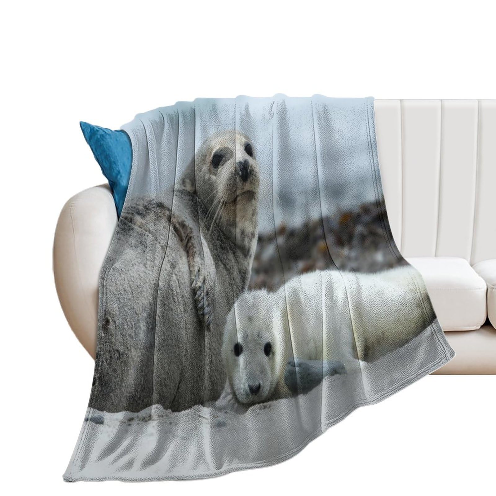NIBABA Grey Seal Pup with Mother Blanket Fuzzy Throws, Soft Blankets for Men Women Boys Girls, Cozy Plush Comfy Microfiber Throw Blanket for Couch Sofa Bed 60x80inches (150x200cm)