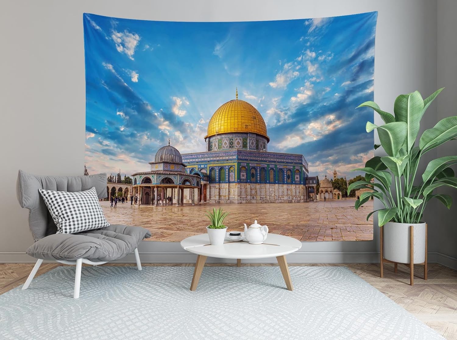 CORFOTO 180x117 Inch Fabric Jerusalem Mosque Tapestry Dome of the Rock on the Temple Mount Israel Wall Hanging Islamic Muslim Tapestry for Bedroom Living Room College Dorm Decor Wallpaper