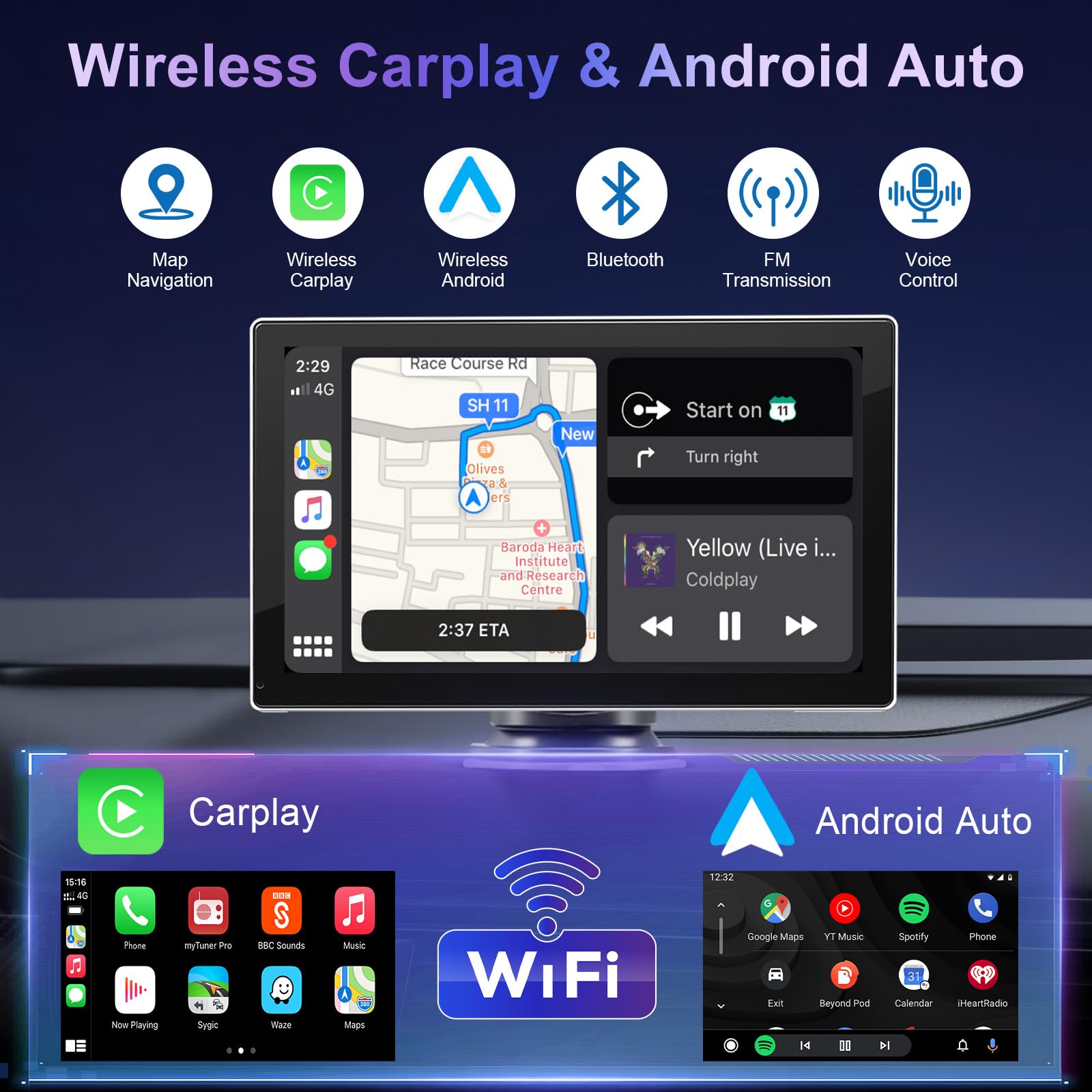 Carplay sans Fil & Android Carplay, avec écran IPS 9 Pouces, récepteur numérique, Siri/G-oogle, Navigation GPS, Bluetooth, Mirror Link, FM, AUX, écran Tactile pour Tous Les véhicules