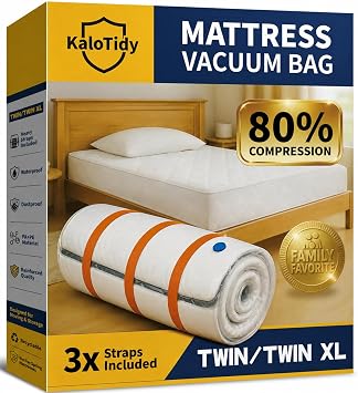 Memory Foam Mattress Vacuum Bag for Moving and Storage, Heavy-Duty Mattress Compression Bag with Adjustable Compression Straps and Dual-Zip Seal Twin/Twin-XL