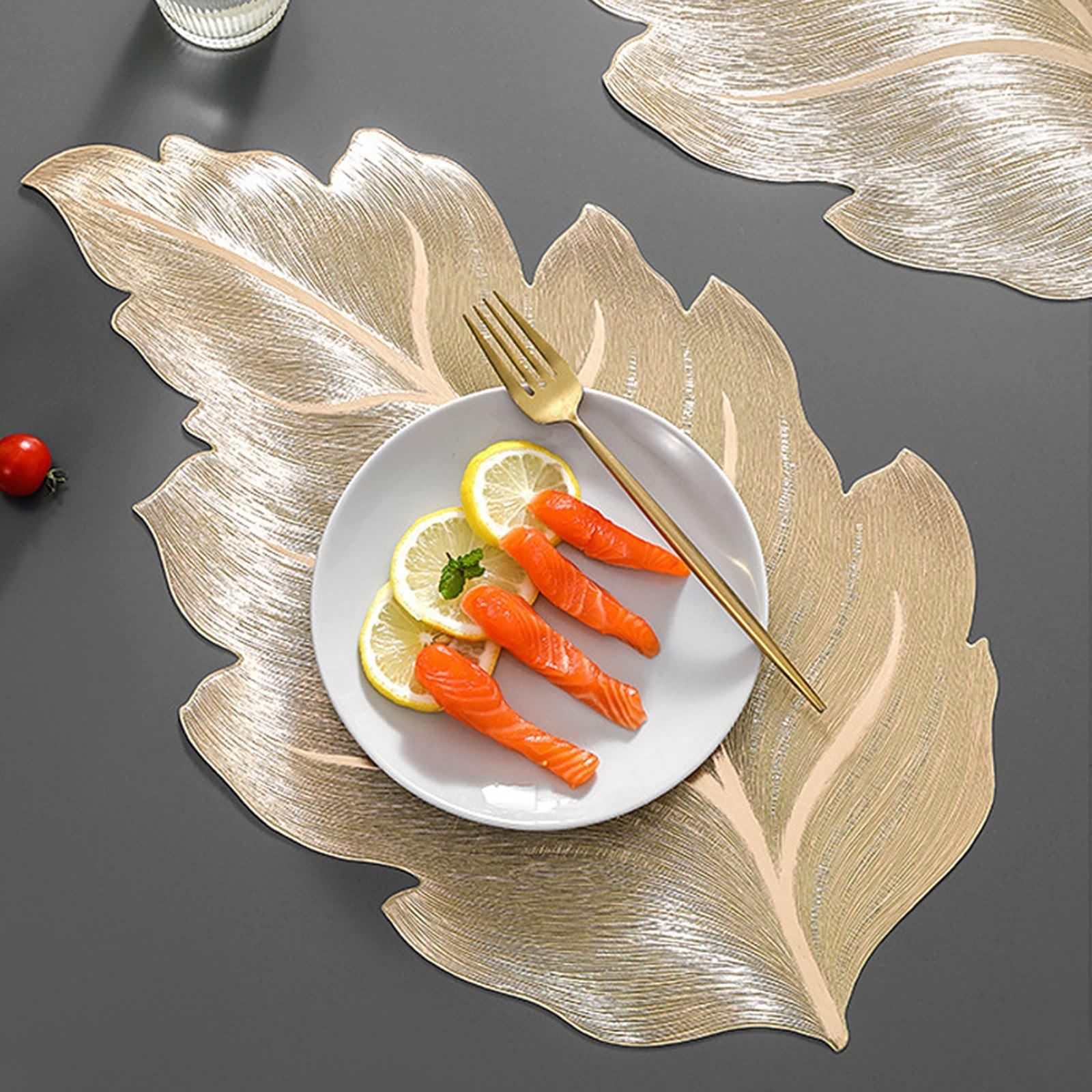 Gold Placemats, Set de Table Lavable Hiver Lot de 10 Motif de Feuilles Luxueuses PVC Dessous de Table 32x50cm