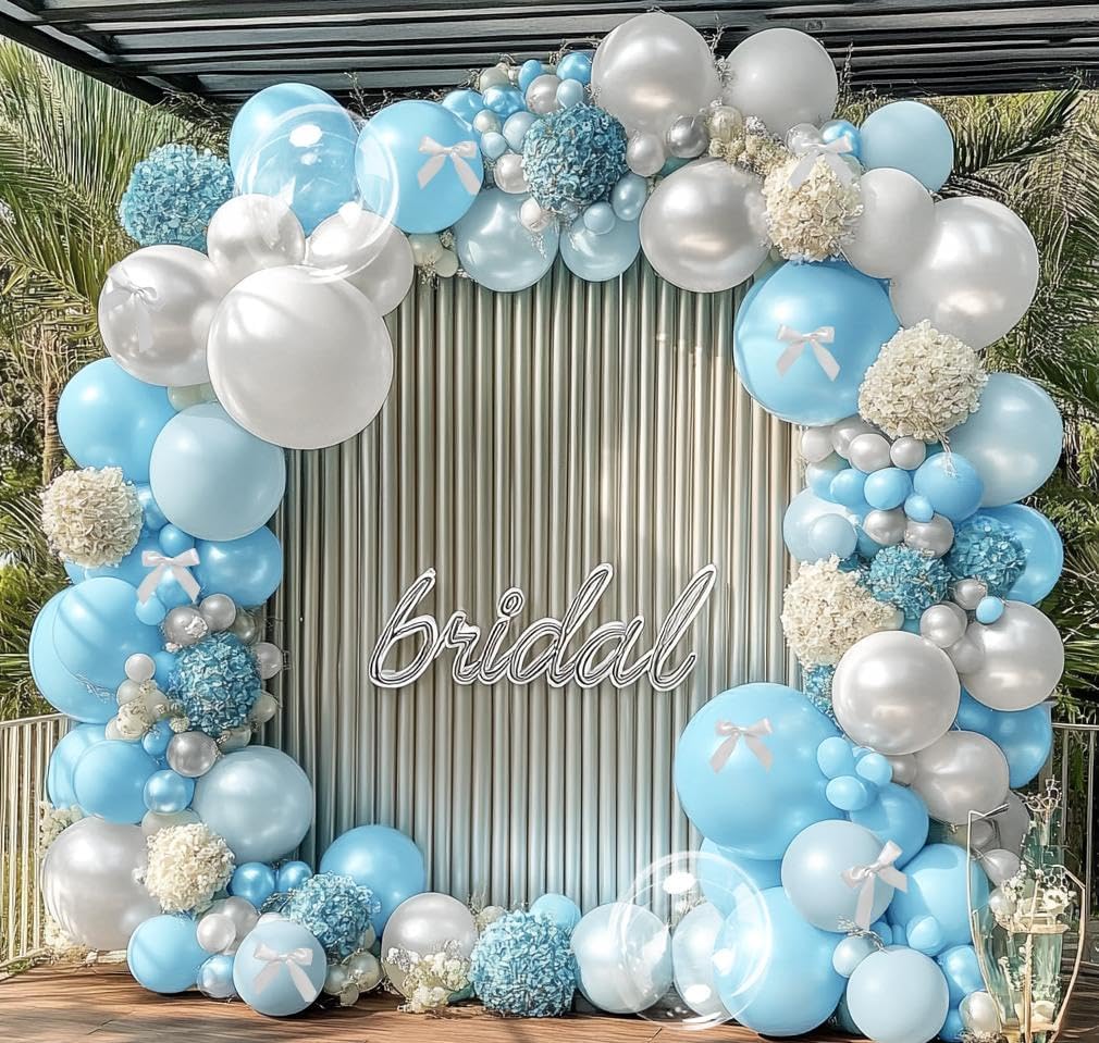 Blue White Balloons Garland Double Stuffed Light Baby Blue Balloon Pearl White Arch Kit With Bow Clear Balloons For Wedding Graduation Gender Reveal Bridal Shower Birthday Princess Party Decorations