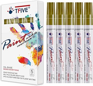 Gold Paint Marker Paint Pens - 5 Pack Oil Based Permanent Marker Pen, Medium Tip, Waterproof & Quick Dry, for Office, Art projects, Rock Painting, Ceramic, Glass, Wood, Plastic, Metal, Canvas