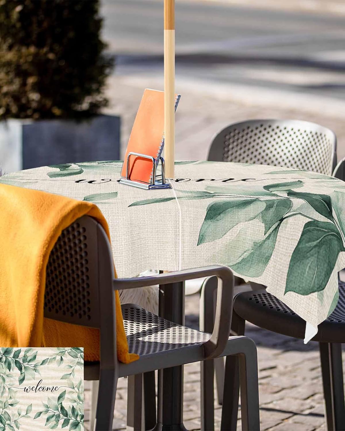 Outdoor Tablecloth with Umbrella Hole and Zipper 60" Square Rustic Green Leaves Welcome Linen Texture Water Repellant Table Cover Tabletop Collection for Party Patio Picnic