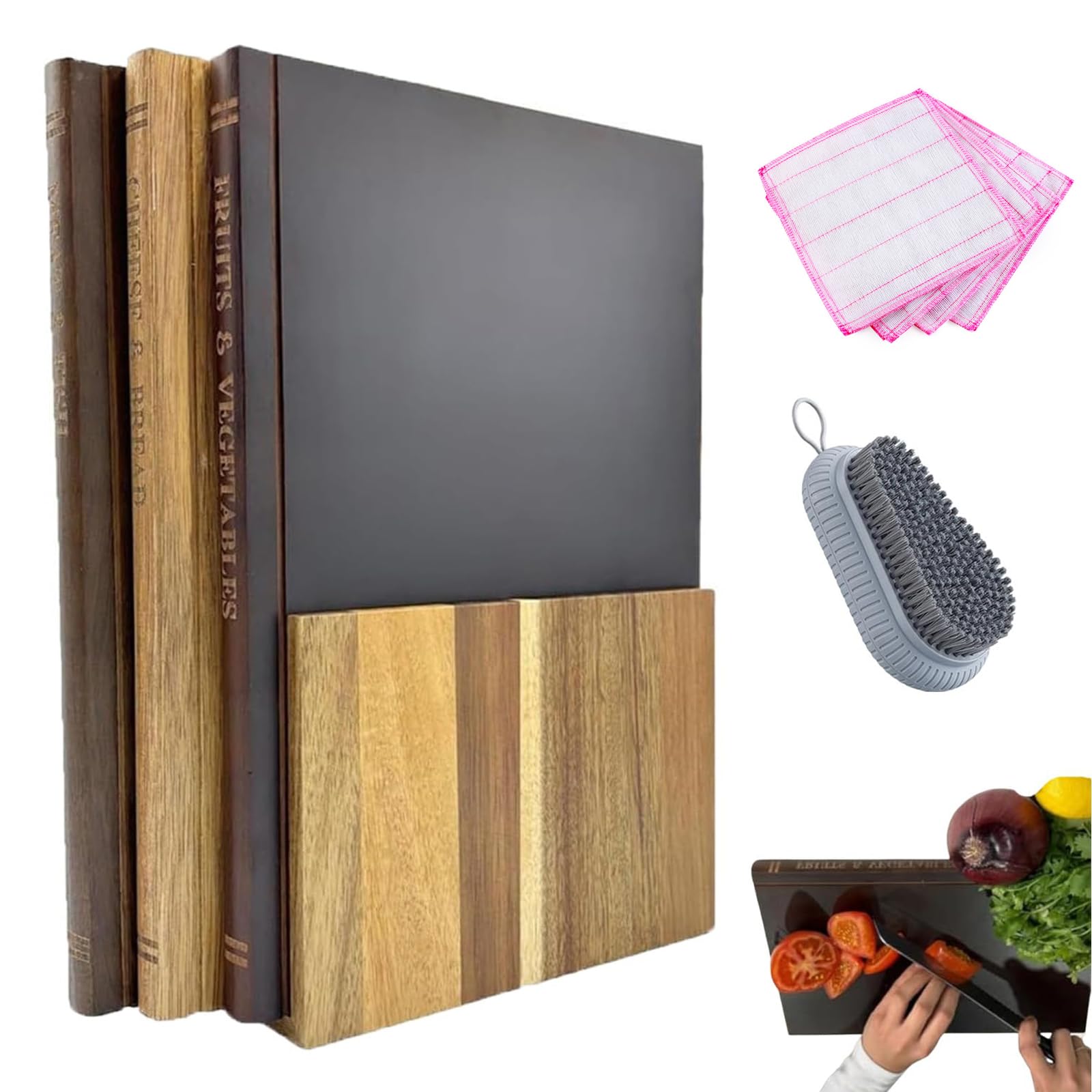 Planche à découper en bois (lot de 3) en forme de livre avec support pour pain et légumes