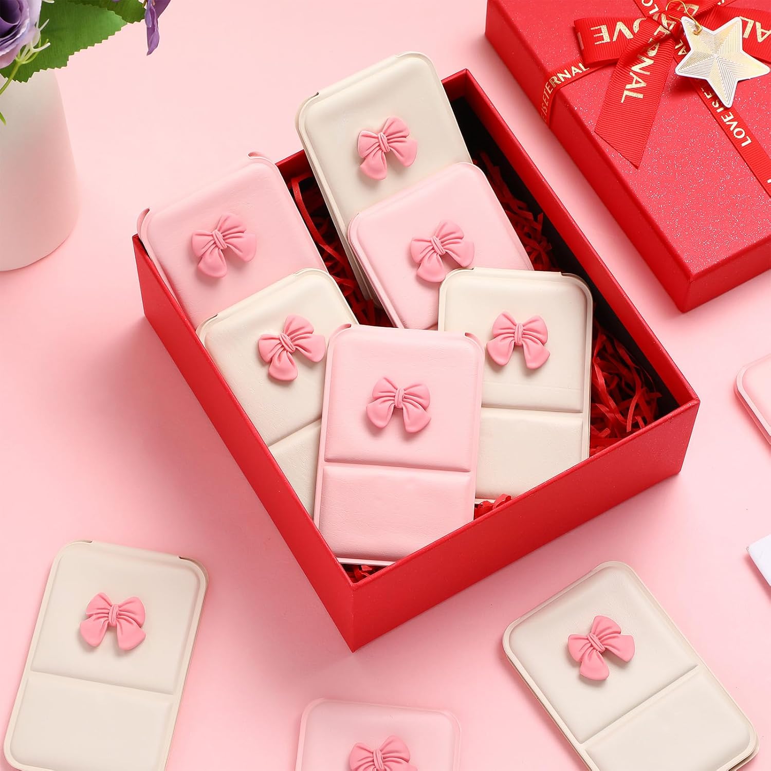 Amyhill 24 Pcs Party Favor Compact Fold Mini Mirror Preppy Bow Gift for Women Birthday Bridal Shower Bachelorette Graduation Party Supplies (Folding,Beige and Pink)