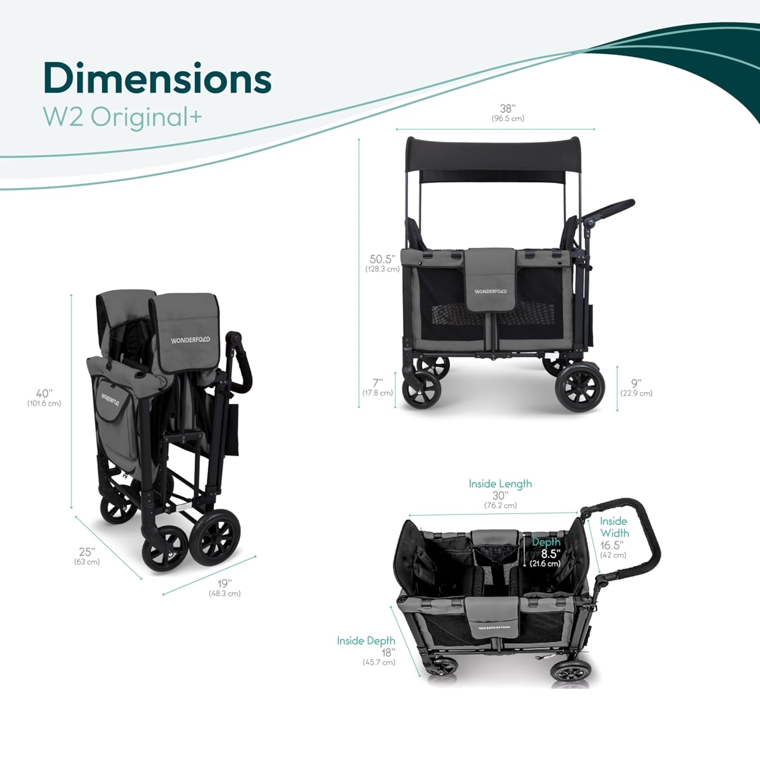 WONDERFOLD W2 Original+ Stroller Wagon (2 Seater) - Collapsible Wagon Stroller with Seats with 5-Point Harnesses, Easy-Access Door, and Adjustable Sun Canopy, Charcoal Gray