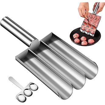 Kitchen Triple Meatball Maker Manual Stainless Steel Meatball Maker with Cutting Spade Meatball Maker with Long Handle Meat Tenderizer Maker DIY Meatball Making Set 3 Tubes
