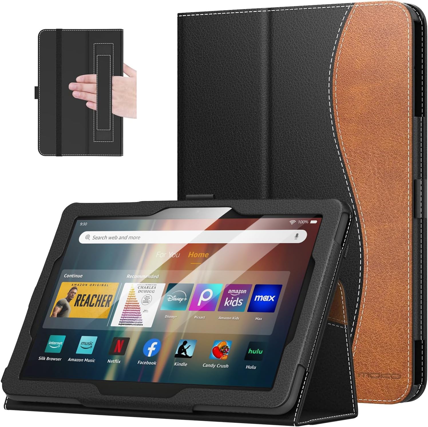 MoKo Case Fits All-New Amazon Kindle Fire HD 8 & 8 Plus Tablet (12th Generation/10th Generation, 2024/2022/2020 Release) 8",Slim Folding Stand Cover with Auto Wake/Sleep, Black+Brown