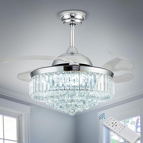 Miniatura 9 de Ventiladores de techo LED de cristal con luces y control remoto de 42 pulgadas, lámpara moderna de techo de 42 pulgadas, kit de luz de ventilador de