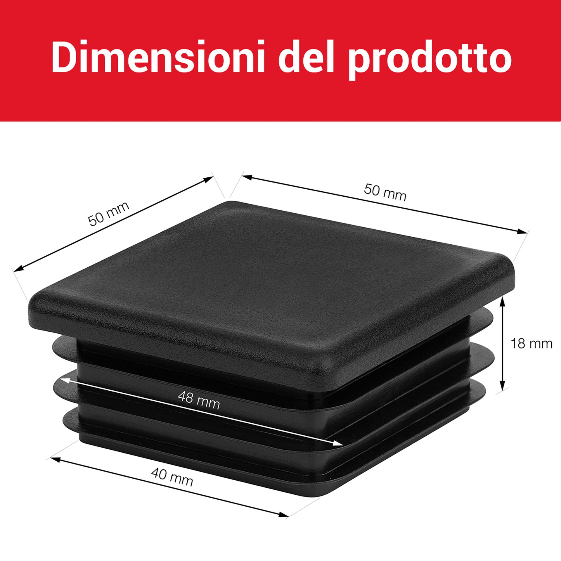 12 Tappi Per Tubi Quadrati 25x25 Mm - Nero, Plastica, Per Sedie E Scaffali - Foto 2