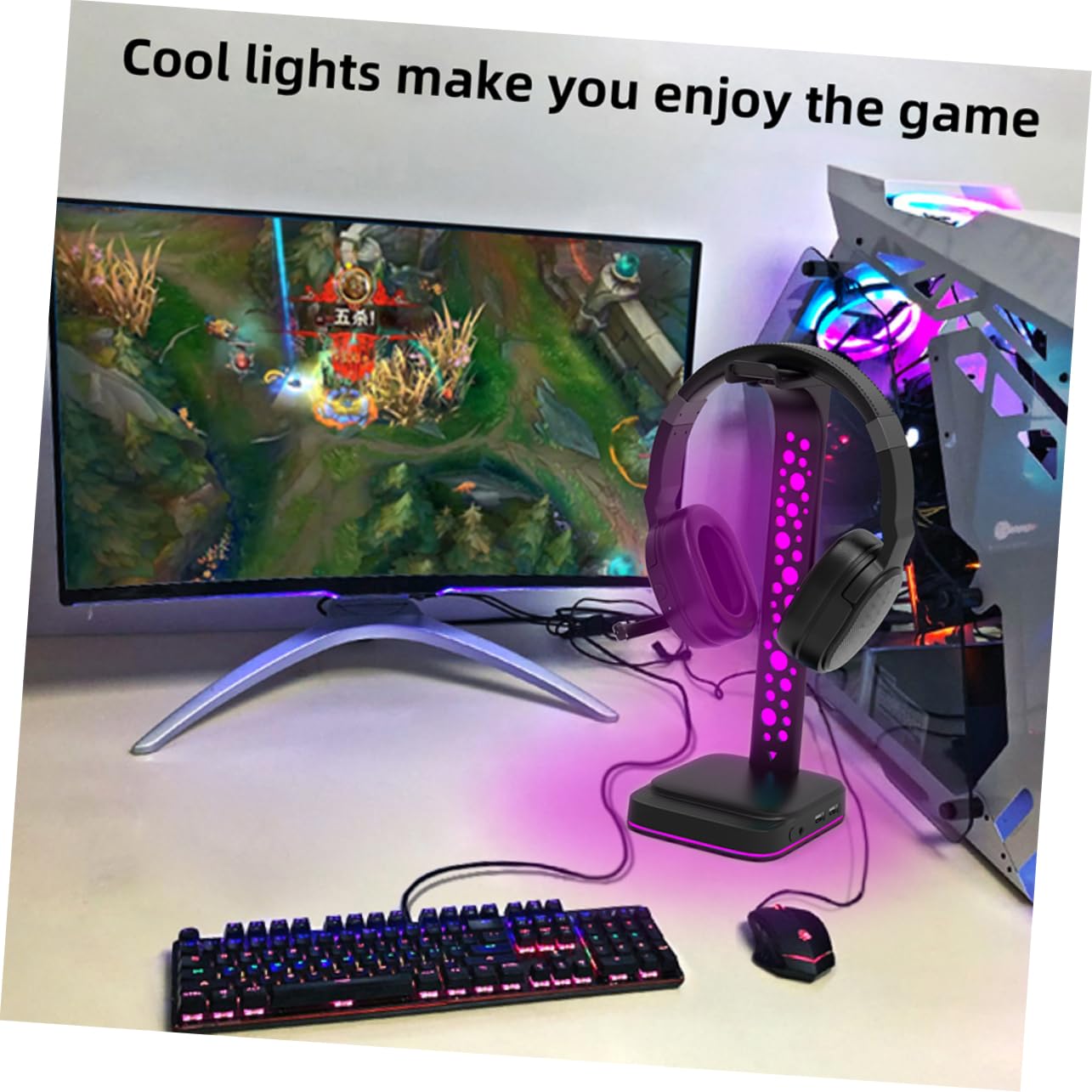 Supporto per Cuffie Illuminazione Rgb Hub USB Porte Aux e USB Supporto Estensibile per Cuffie da Tavolo Antiscivolo