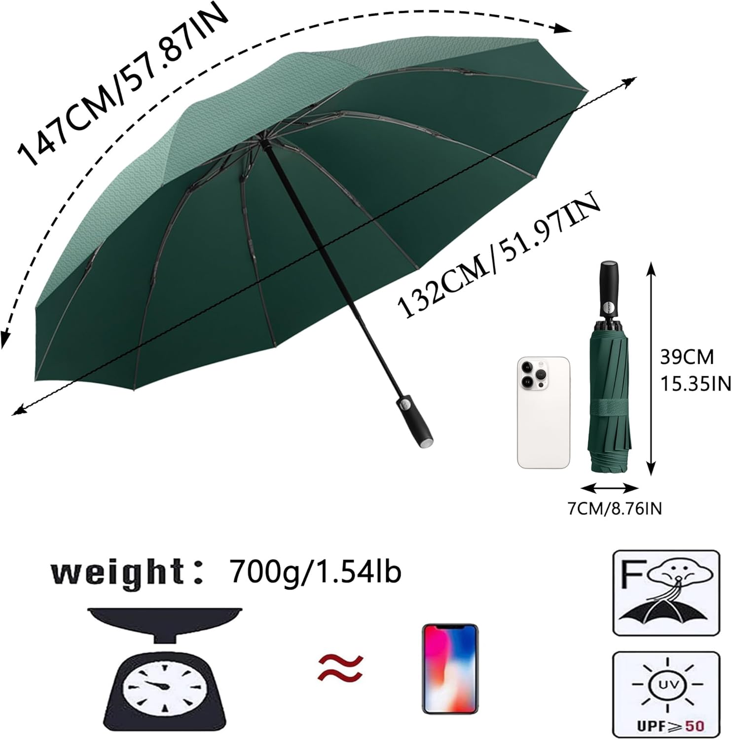 52 IN Extra-Large Canopy,Travel Folding Reverse Golf Umbrella for Business, Auto Open/Close,Portable,Rain & Sun, Windproof Rainproof,Zippered Pouch, Men & Professionals,10 Ribs,Backpack/Car