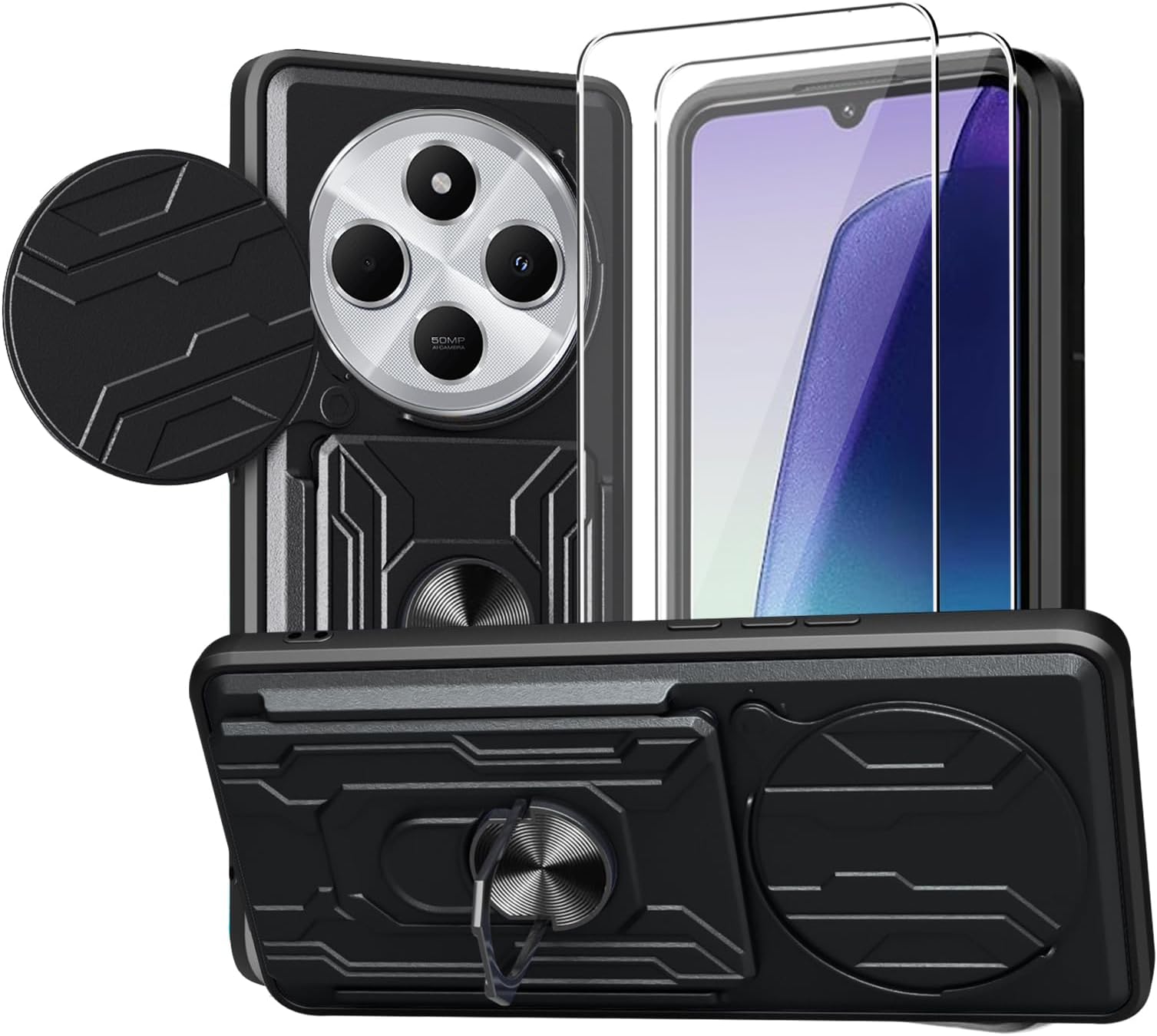 KZIOACSH Case for Xiaomi Redmi 14C 4G/POCO C75/Redmi A4 5G, Military-Grade Shockproof [Built-in Kickstand][Slide Camera Cover][Removable Card Holder] Anti-Scratch Bumper Cover with 2 Tempered Glass