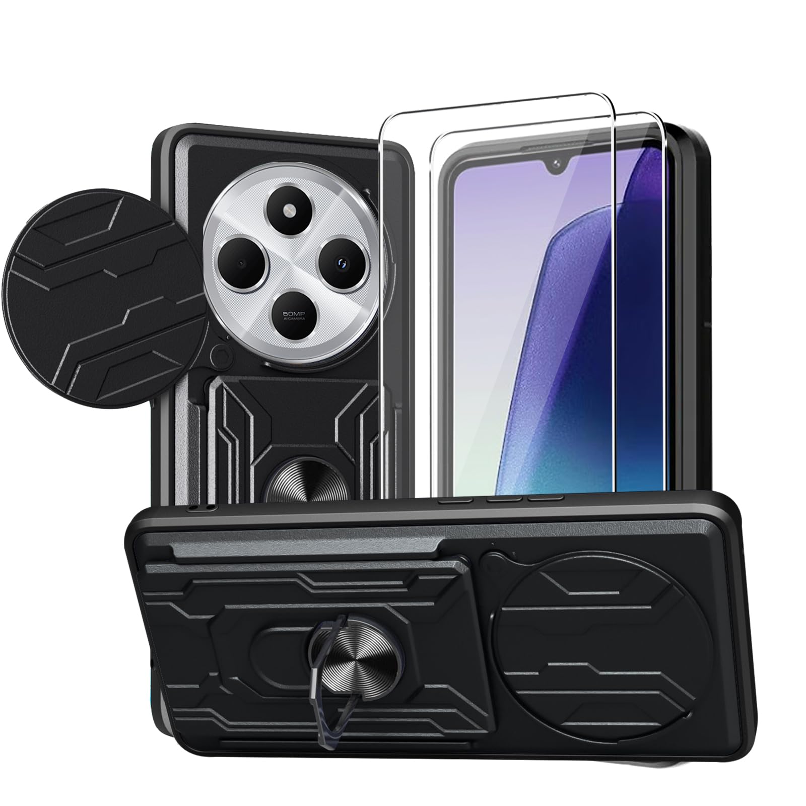 Case for Xiaomi Redmi 14C 4G/POCO C75/Redmi A4 5G, Military-Grade Shockproof [Built-in Kickstand][Slide Camera Cover][Removable Card Holder] Anti-Scratch Bumper Cover with 2 Tempered Glass