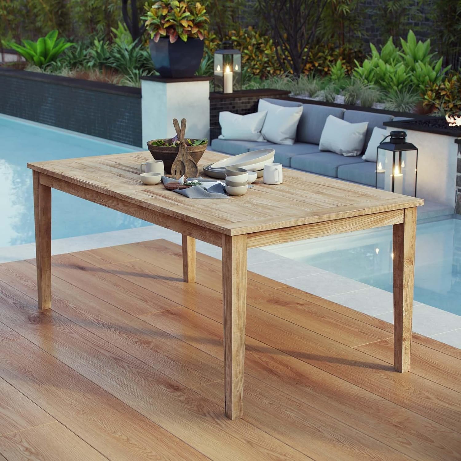 Pemberly Row Outdoor Patio Dining Table, 72 in Solid Teak Wood, Natural Finish, Textured Planked Top, Tapered Legs, Weather-Resistant, Modern Design for Outdoor Seating