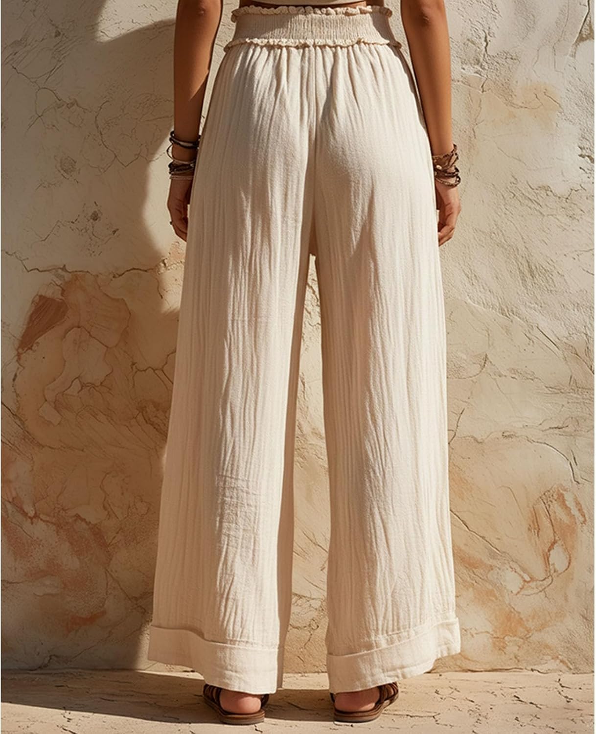 FZYLQY Womens Cotton Linen Wide Leg Pants High Waisted Drawstring Casual Palazzo Lounge Trousers with Pockets Summer Beach